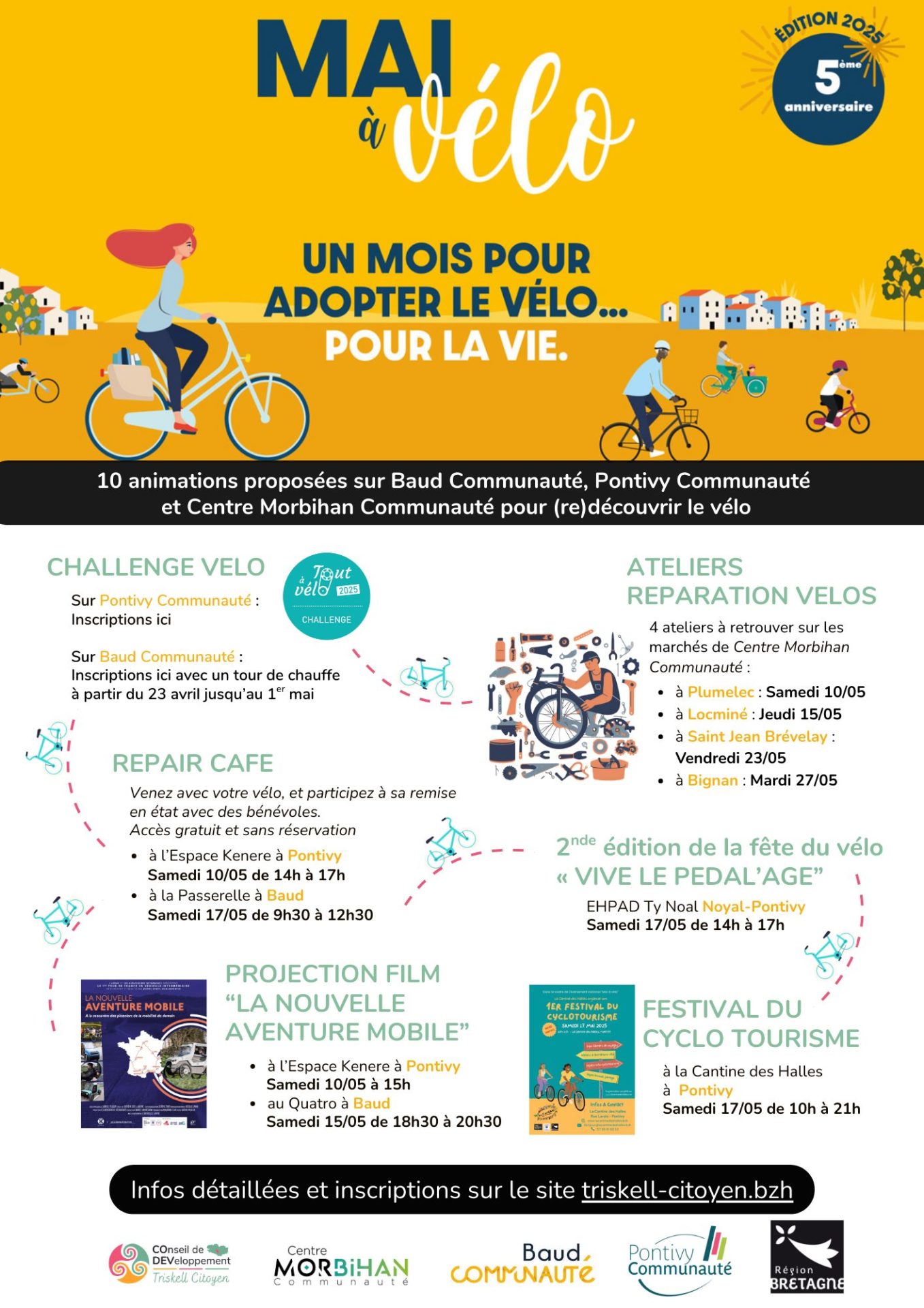 Le programme de l'édition 2025 de l'évènement "Mai à vélo : un mois pour adopter le vélo pour la vie". 10 animations proposées sur le Pays de Pontivy : Baud Communauté, Pontivy Communauté et Centre Morbihan Communauté.